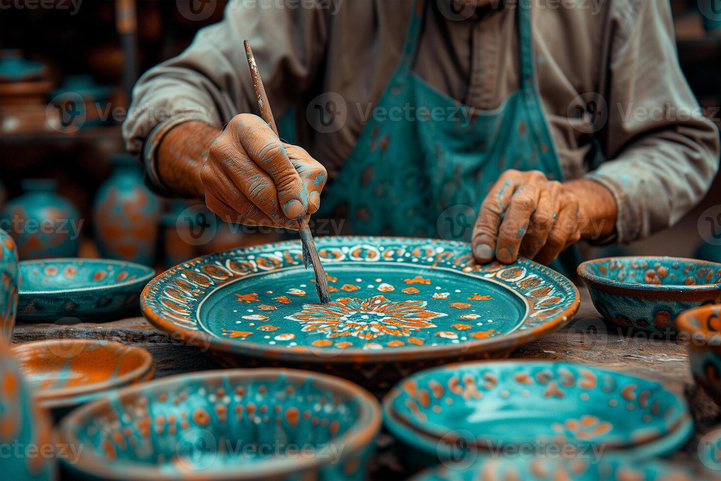 AI generated Ceramic artist painting intricate designs on a greenware piece, emphasizing the meticulous attention to detail in the decorative process photo