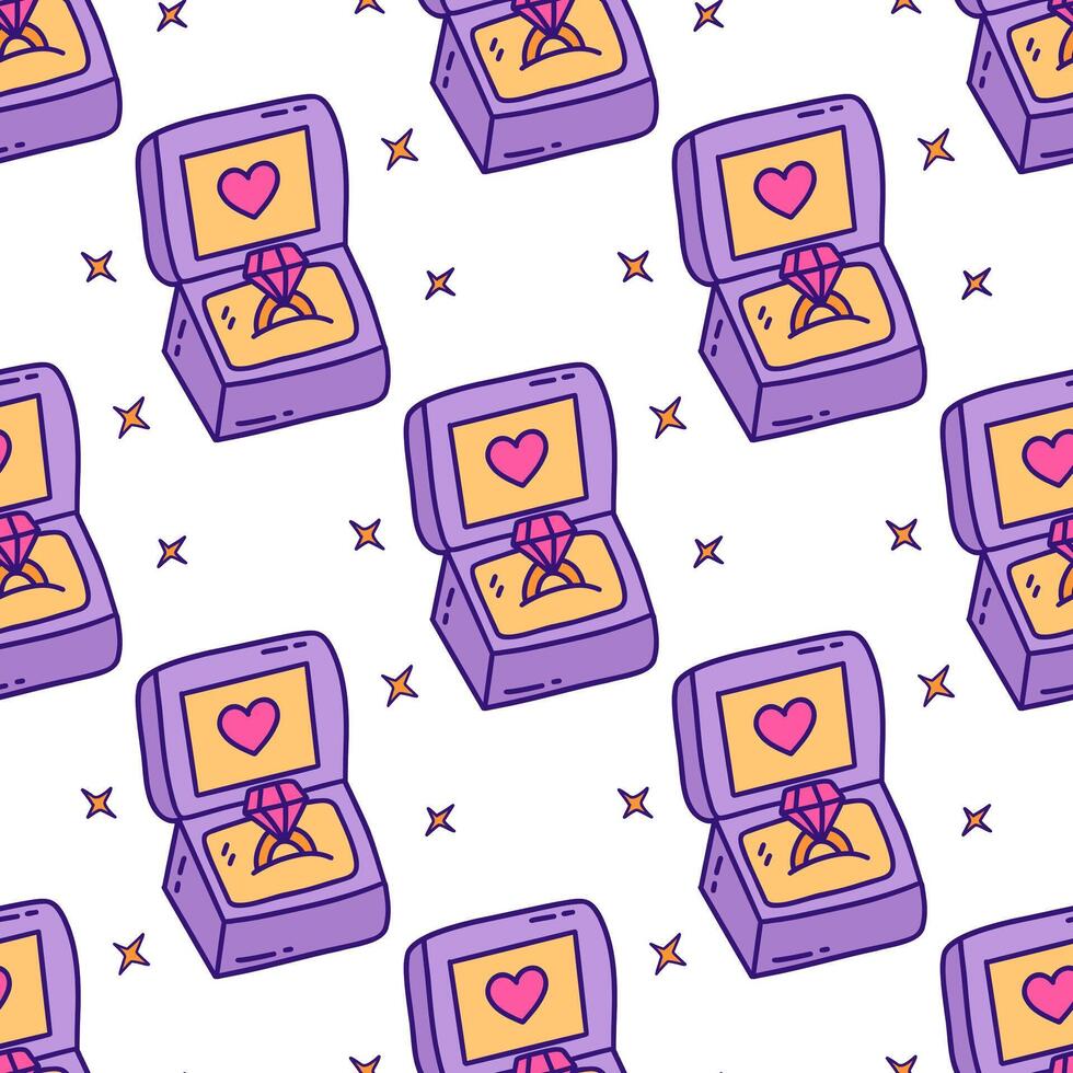 Seamless pattern with diamond ring in open box. Vector