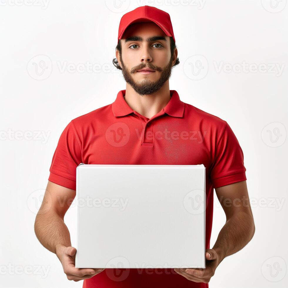 AI generated Delivery man delivering a white blank mockup package photo