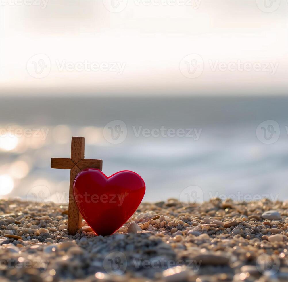 AI generated Red heart with wooden Christian cross on gravel floor in morning light photo