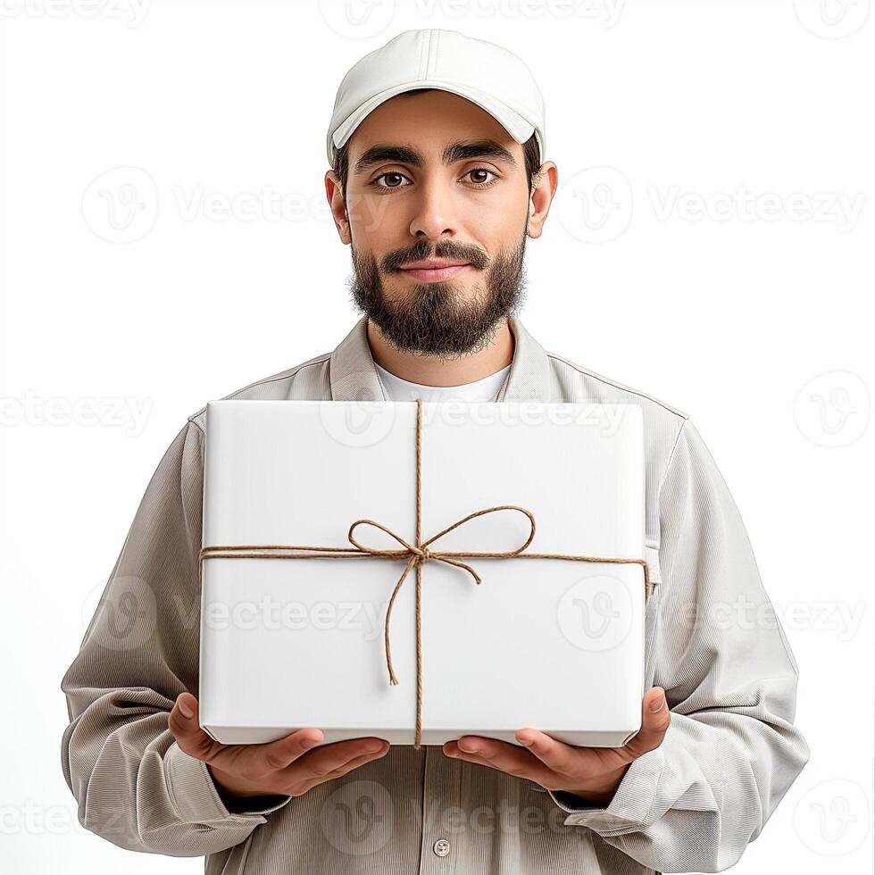 AI generated Delivery man delivering a white blank mockup package photo
