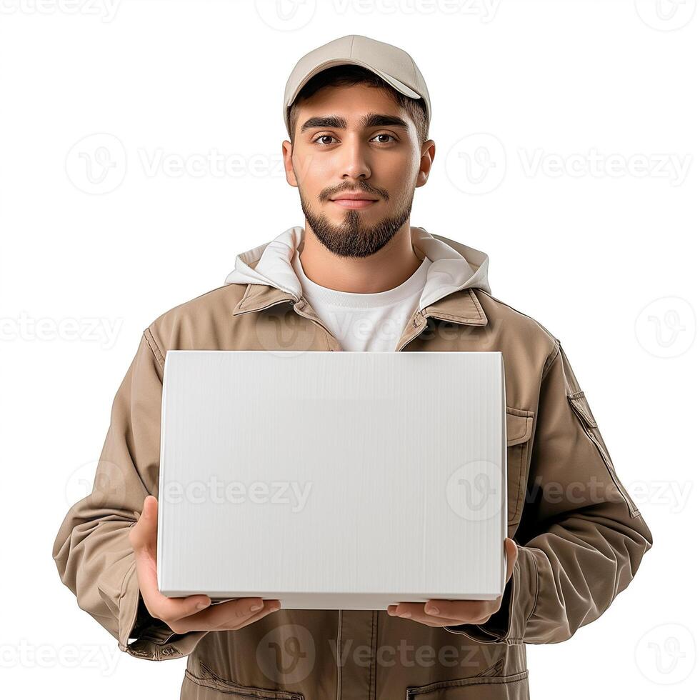 AI generated Delivery man delivering a white blank mockup package photo