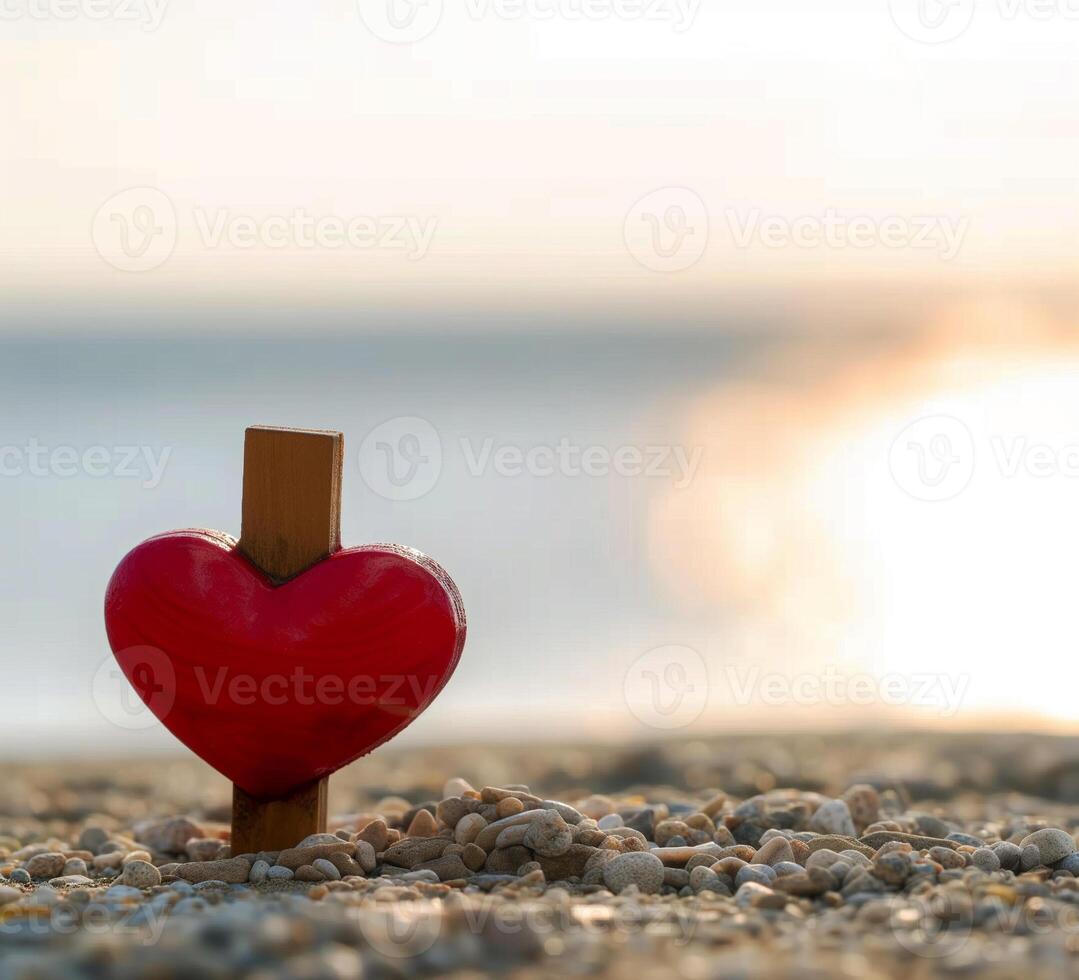AI generated Red heart with wooden Christian cross on gravel floor in morning light photo