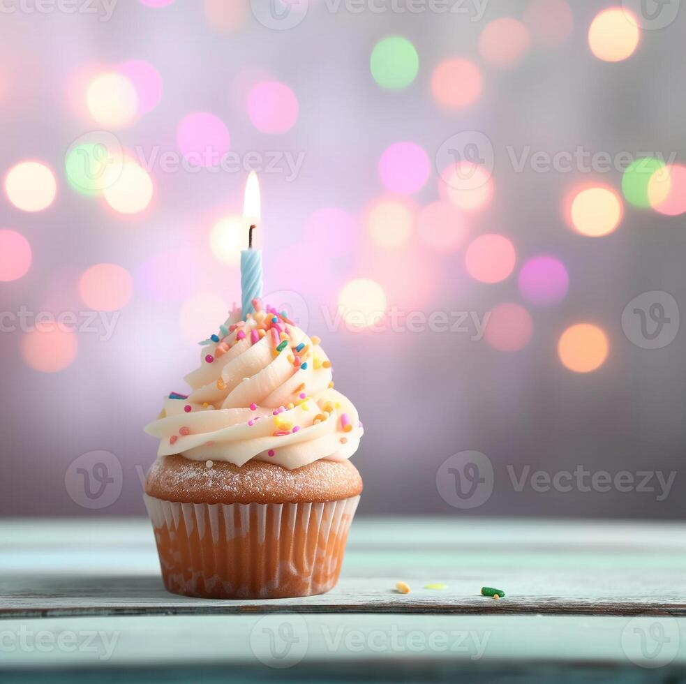 AI generated Birthday cupcake on blurred light background photo