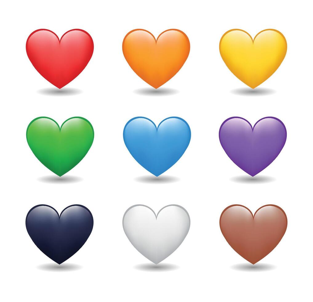Heart Color Set Icons. Cartoon Style Love Symbol emoji. Heart Love Emoji Icon on white background. Red, orange, yellow, green, blue, purple, black, white, brown color hearts. vector
