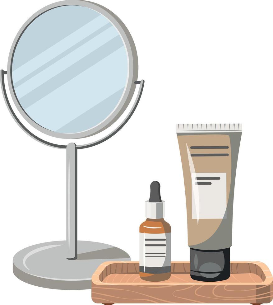 tabletop mirror and cosmetic jars on stand, organic cosmetics, bathroom items, facial care. vector illustration on white background