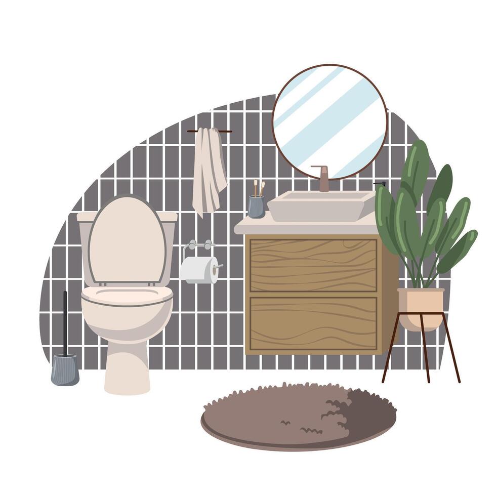 cozy bathroom interiors. Bathrooms and dressing rooms with washbasins, sinks, mirrors, cabinets and plants. Flat vector illustration on white background