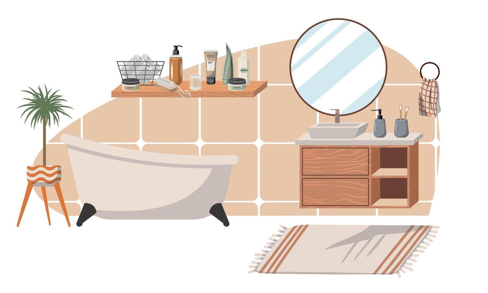 cozy bathroom interiors. Bathrooms and dressing rooms with washbasins, sinks, mirrors, cabinets and plants. Flat vector illustration on white background