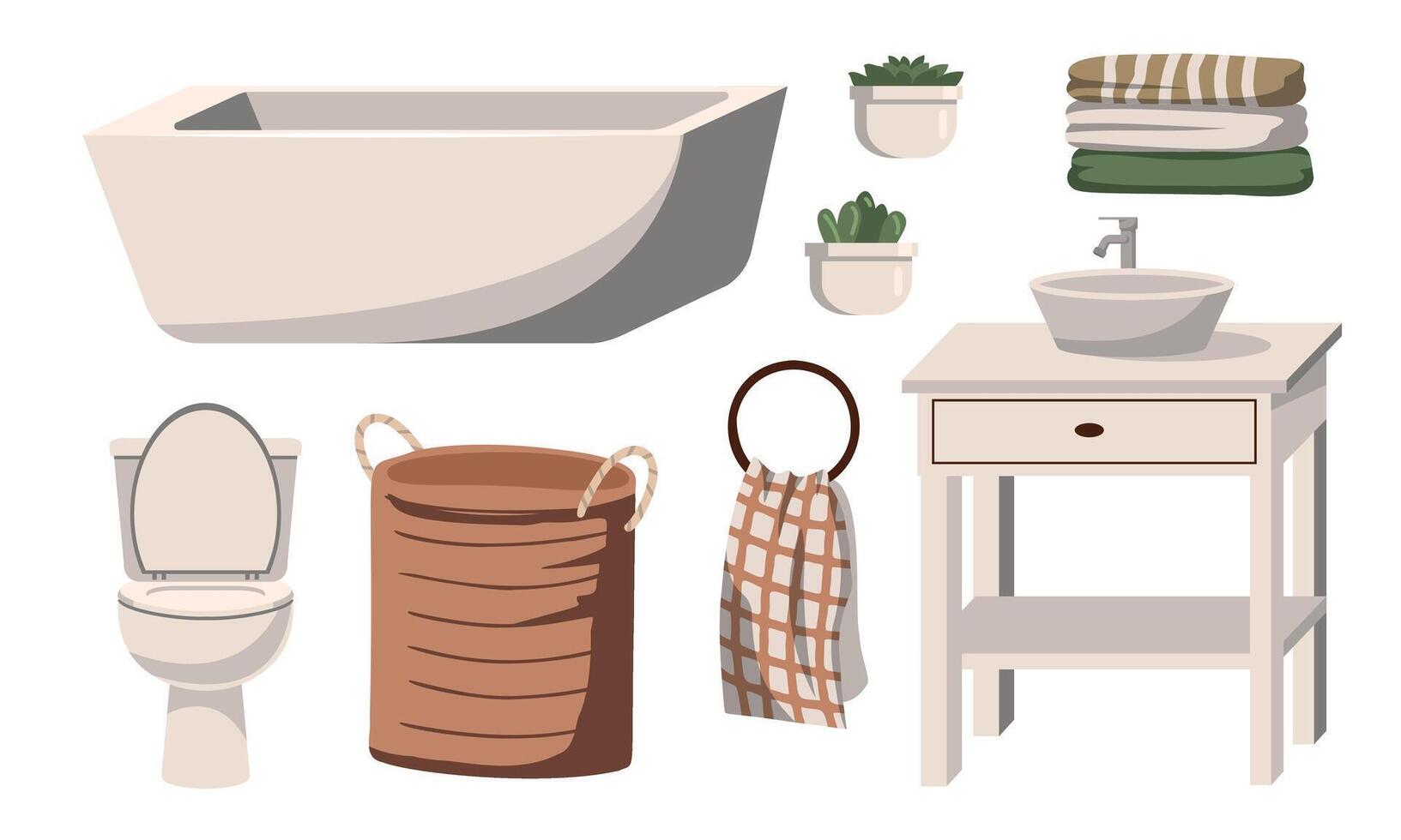 bathroom items set. mirror shelf bath shampoo persil towels shower, bath accessories and furniture set, toothbrush, sink. vector cartoon items set with isolated objects.