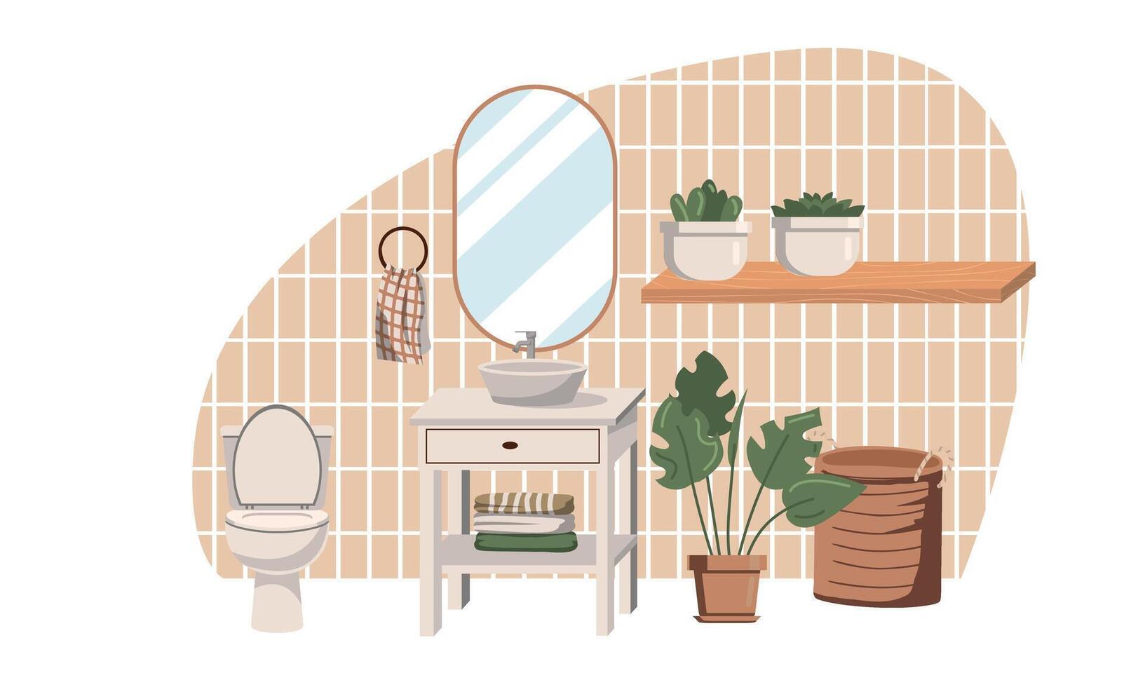 bathroom interiors in Scandinavian style. Bathrooms and dressing rooms with washbasins, sinks, mirrors, cabinets and plants. Flat vector illustration on white background