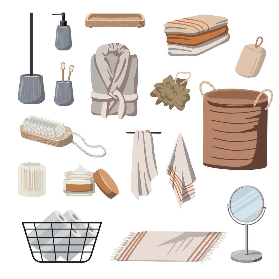 set of modern bathroom decor items, bathroom items, a robe, a laundry basket, towels, a brush, washcloths, soap and other decor. Vector illustration on white background