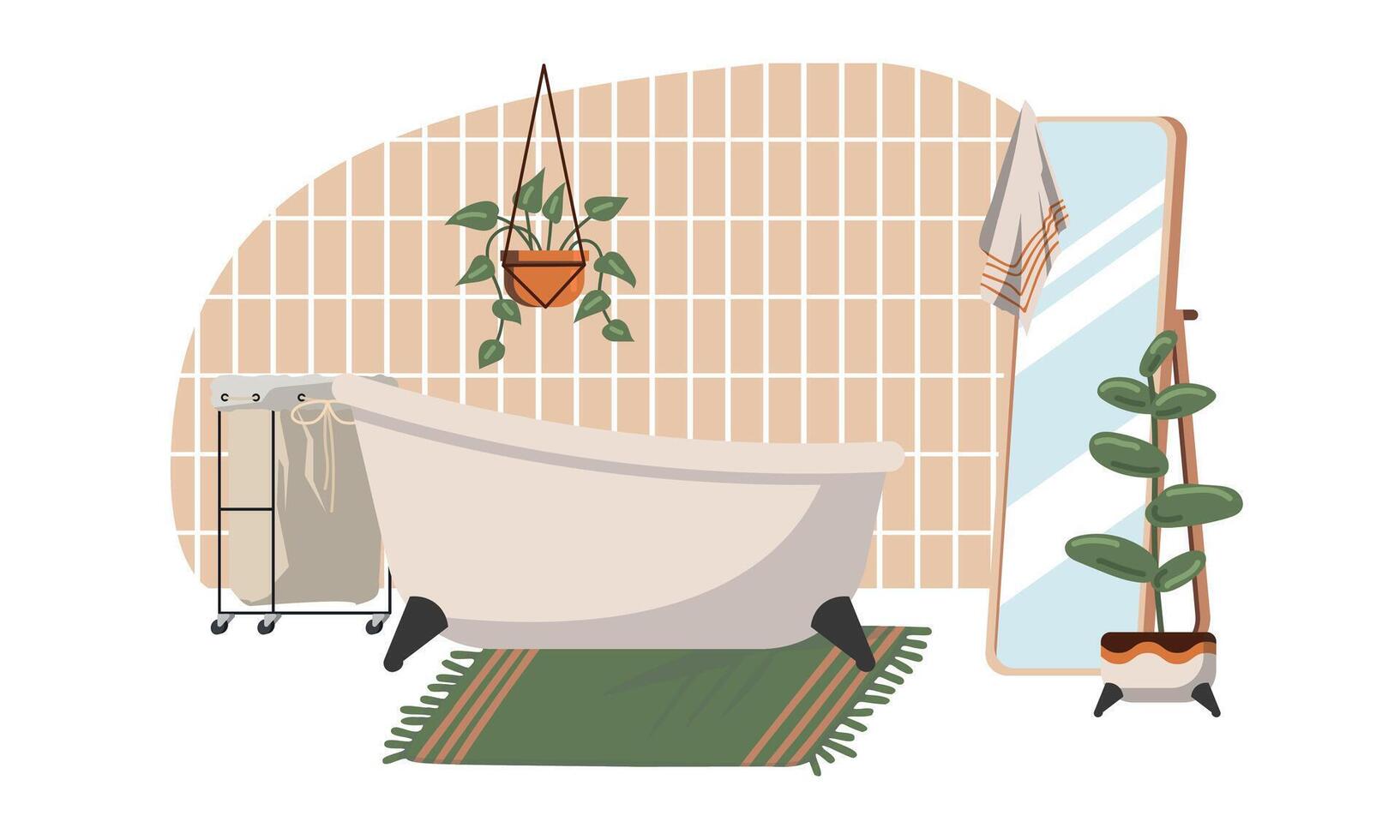 bathroom and toilet interiors in Scandinavian style. Bathrooms and dressing rooms with washbasins, sinks, mirrors, showers, cabinets and plants. Flat vector illustration on white background