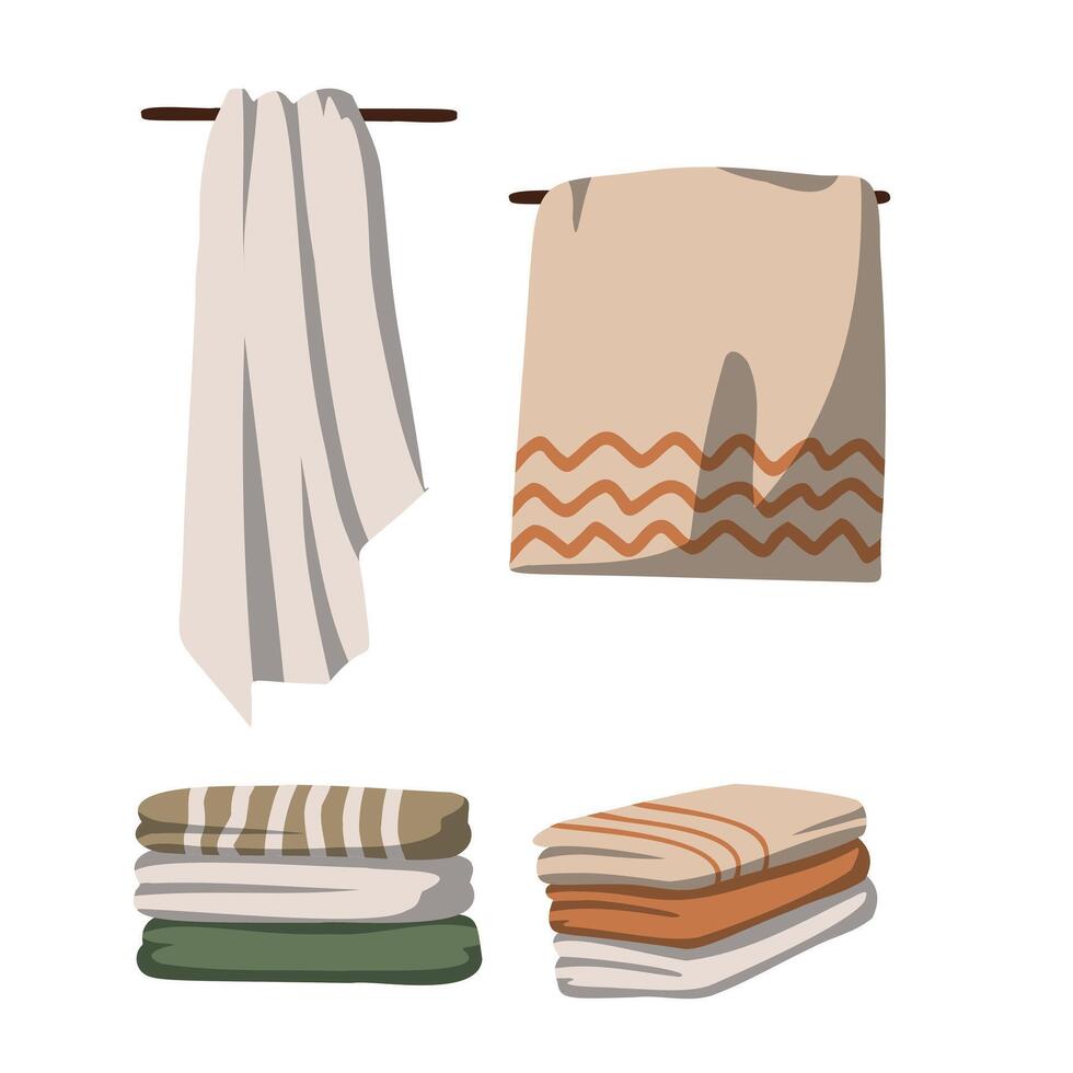 bañera toalla. cocina mano toallas, textil tela para spa, playa, ducha telas mentira en un pila. vector higiene elementos, ropa, blandura, frazada, colgando conjunto de pañuelos