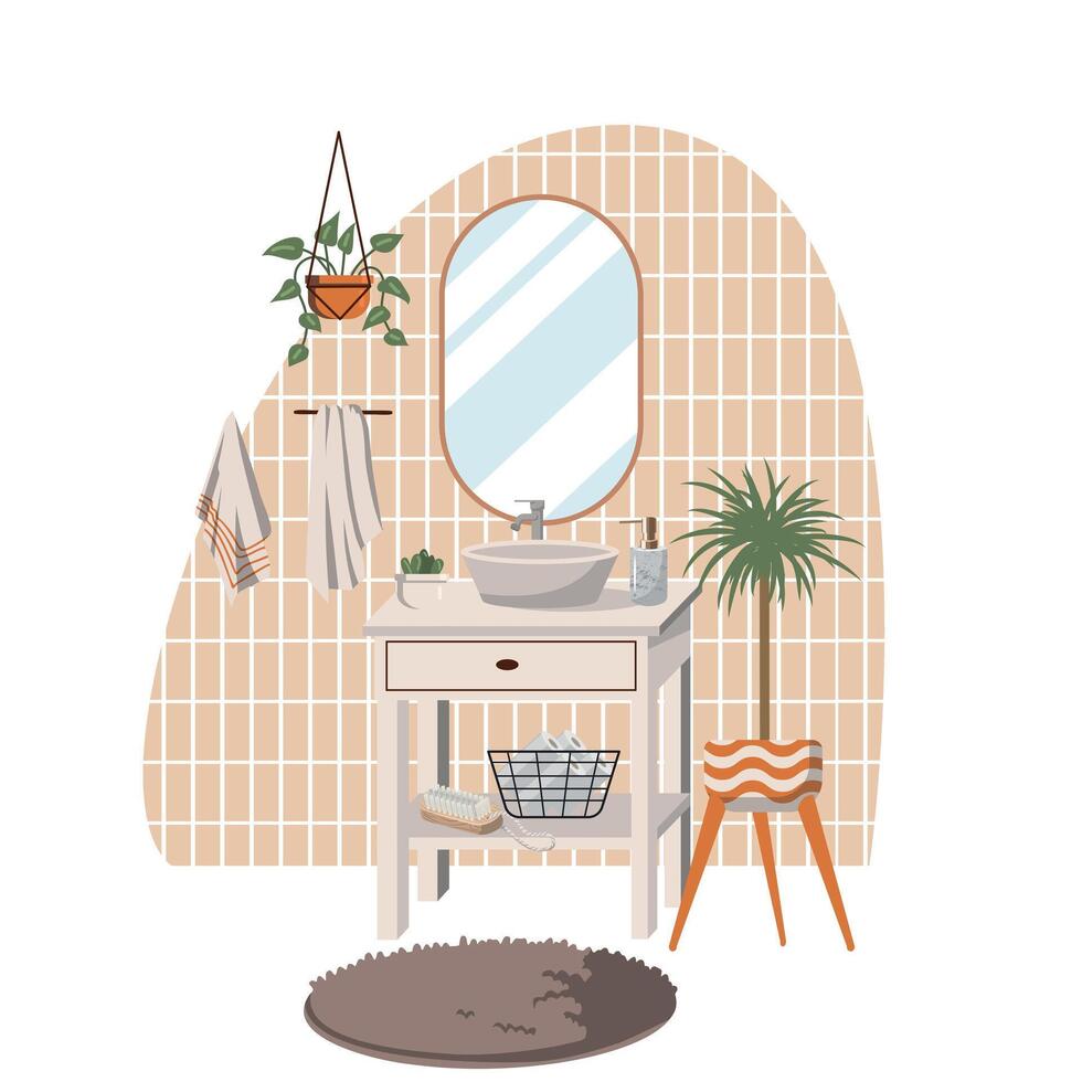 cute bathroom interiors in Scandinavian style. Bathrooms and dressing rooms with washbasins, sinks, mirrors, cabinets and plants. Flat vector illustration on white background