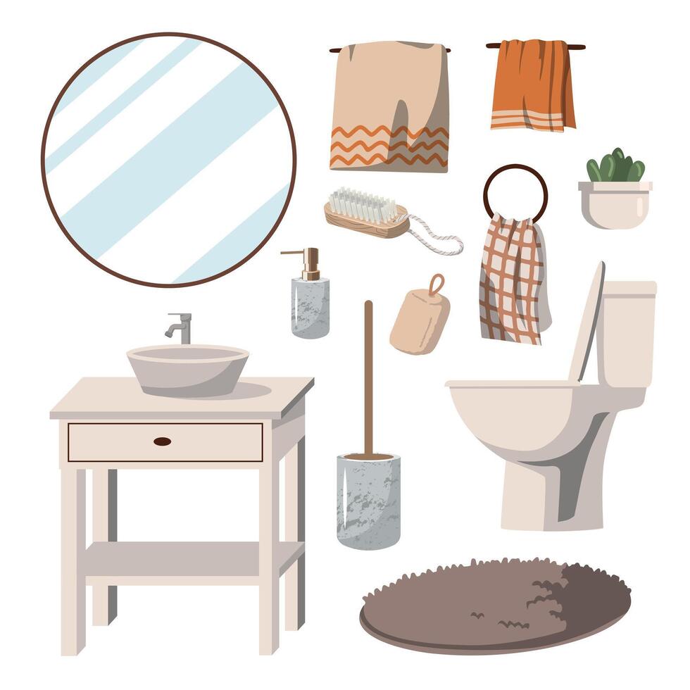 set of modern bathroom interior items, bathroom decor, washbasin, mirror, toilet, towels and other decor. Vector illustration on white background