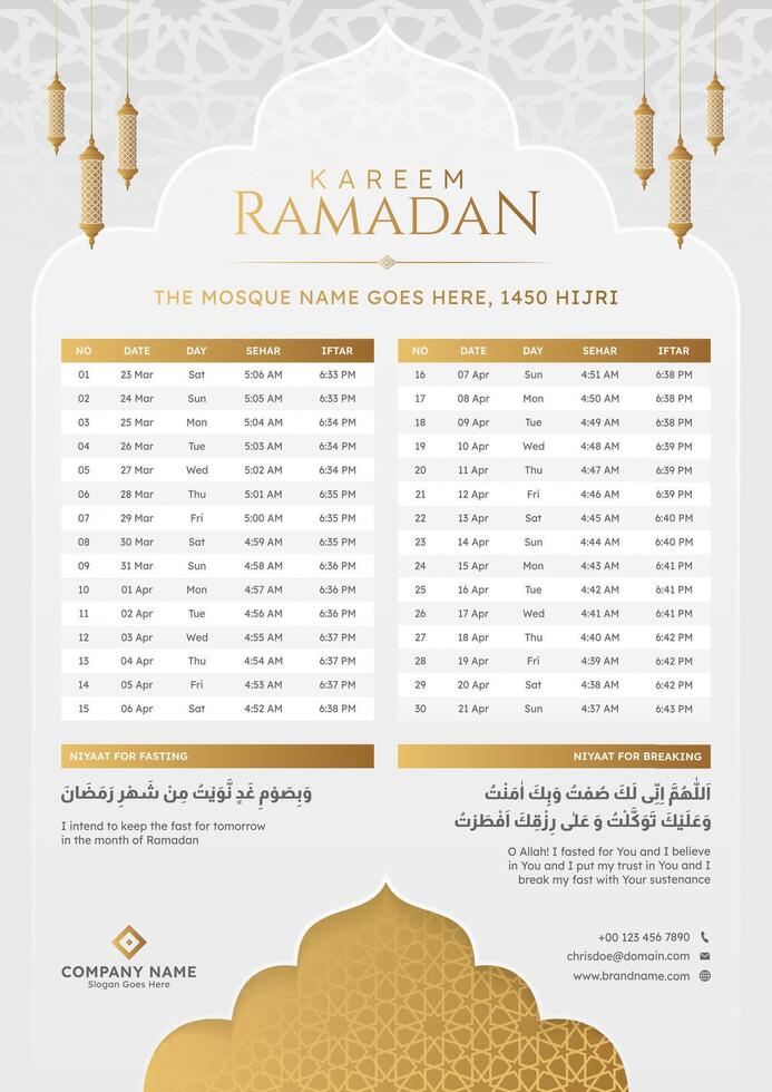 Ramadan Kareem Hijri Islamic Monthly Calendar Template Design vector