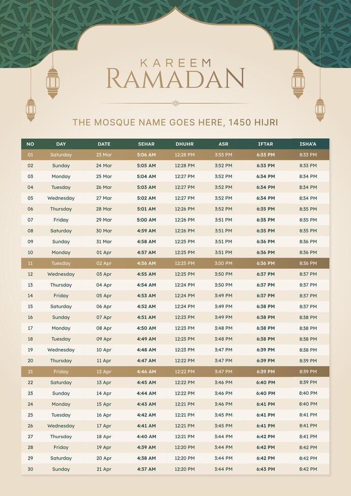 Ramadan Kareem Hijri Islamic Monthly Calendar Template Design vector