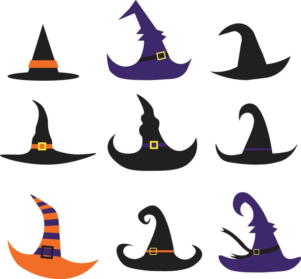 9 Halloween Witch Hats vector