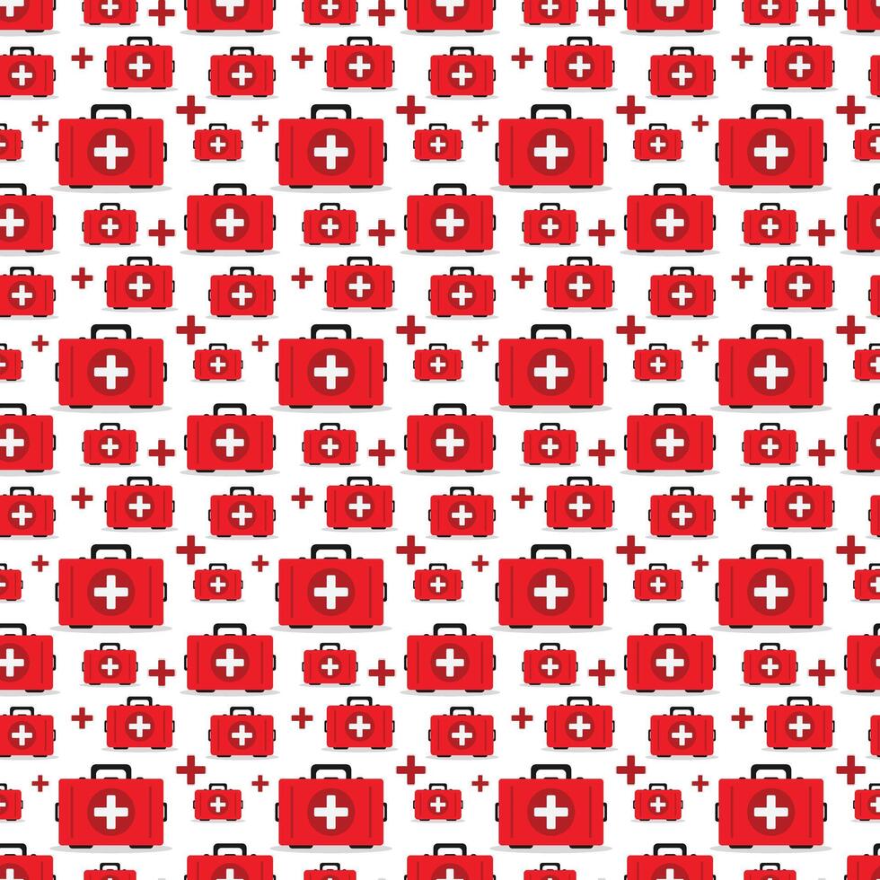 First aid kit seamless pattern. Medical box with cross. Medical equipment for emergency. Healthcare concep for hospital and pharmacy design vector