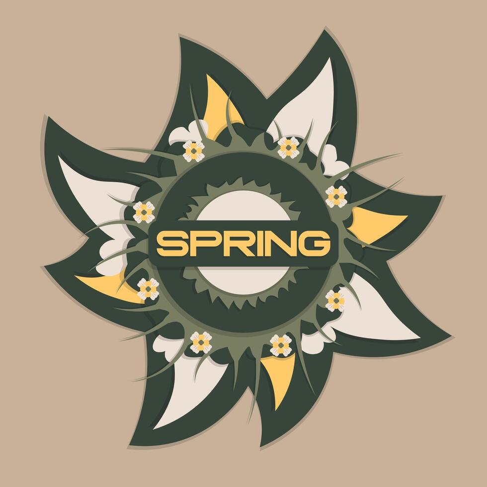 Insignia primavera letras y vistoso flores en primavera logo o emblema vector