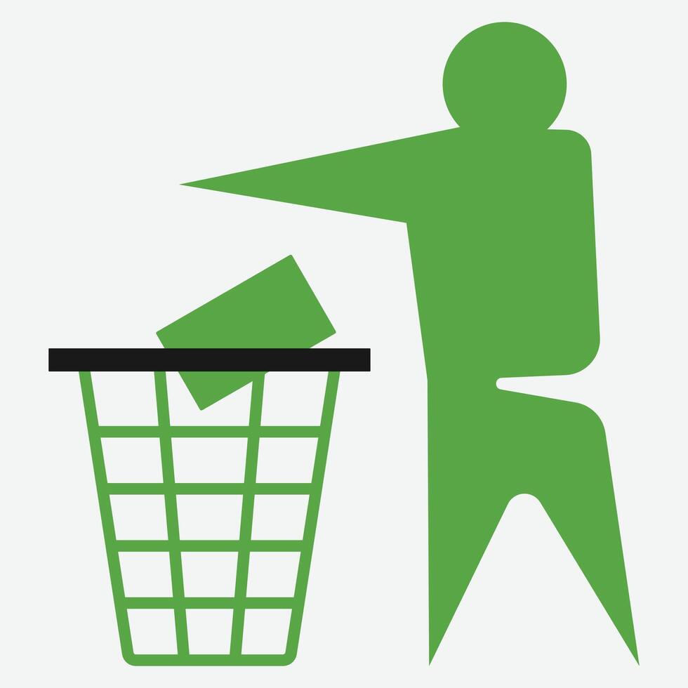 Ecology man throws green eco recycle trash into bucket vector