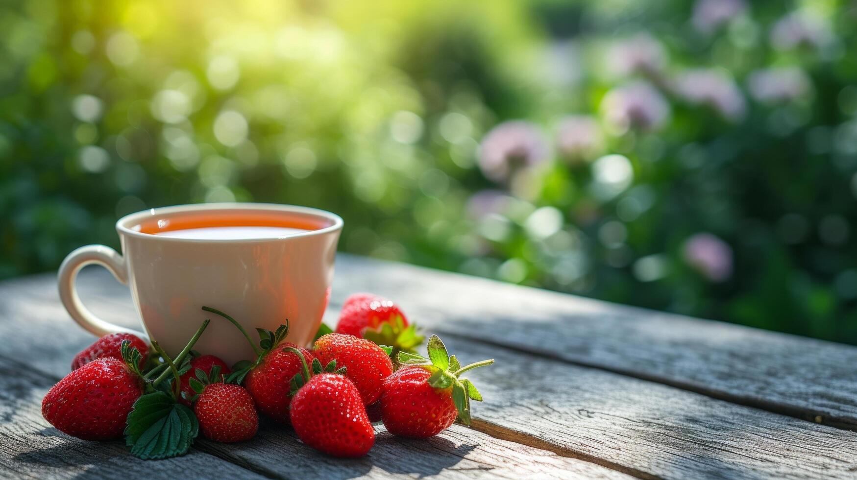 AI generated a cup of green tea next to strawberries on a wooden table. blurred background of summer garden from behind photo