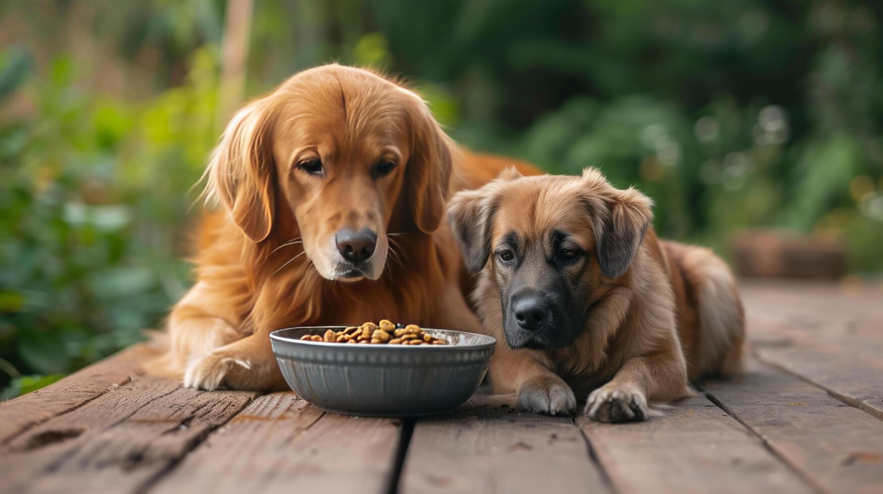 AI generated A beautiful cat and a dog are sitting near a bowl of food on a wooden terrace photo