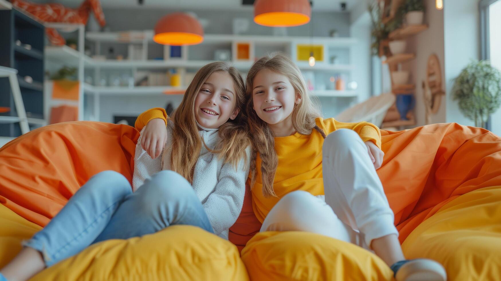 AI generated Two young girls laugh and have fun while sitting on a bright sofa in a modern room photo