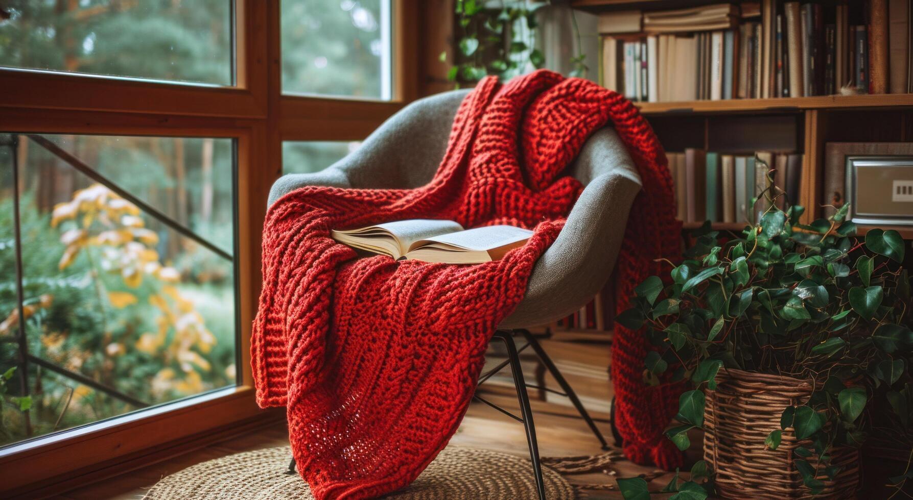 AI generated chair with red blanket and book photo