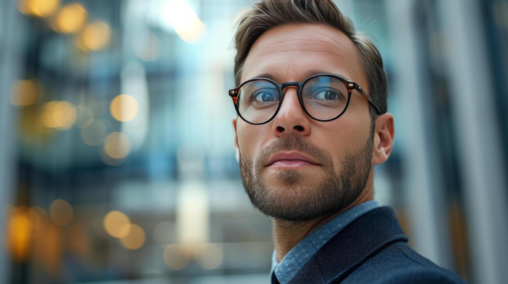 AI generated Young serious businessman in glasses looking at the camera against the background of a blurred business center photo