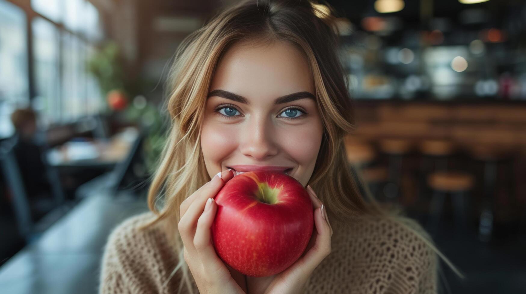 AI generated Happy woman eating big red apple sitting at computer in office photo