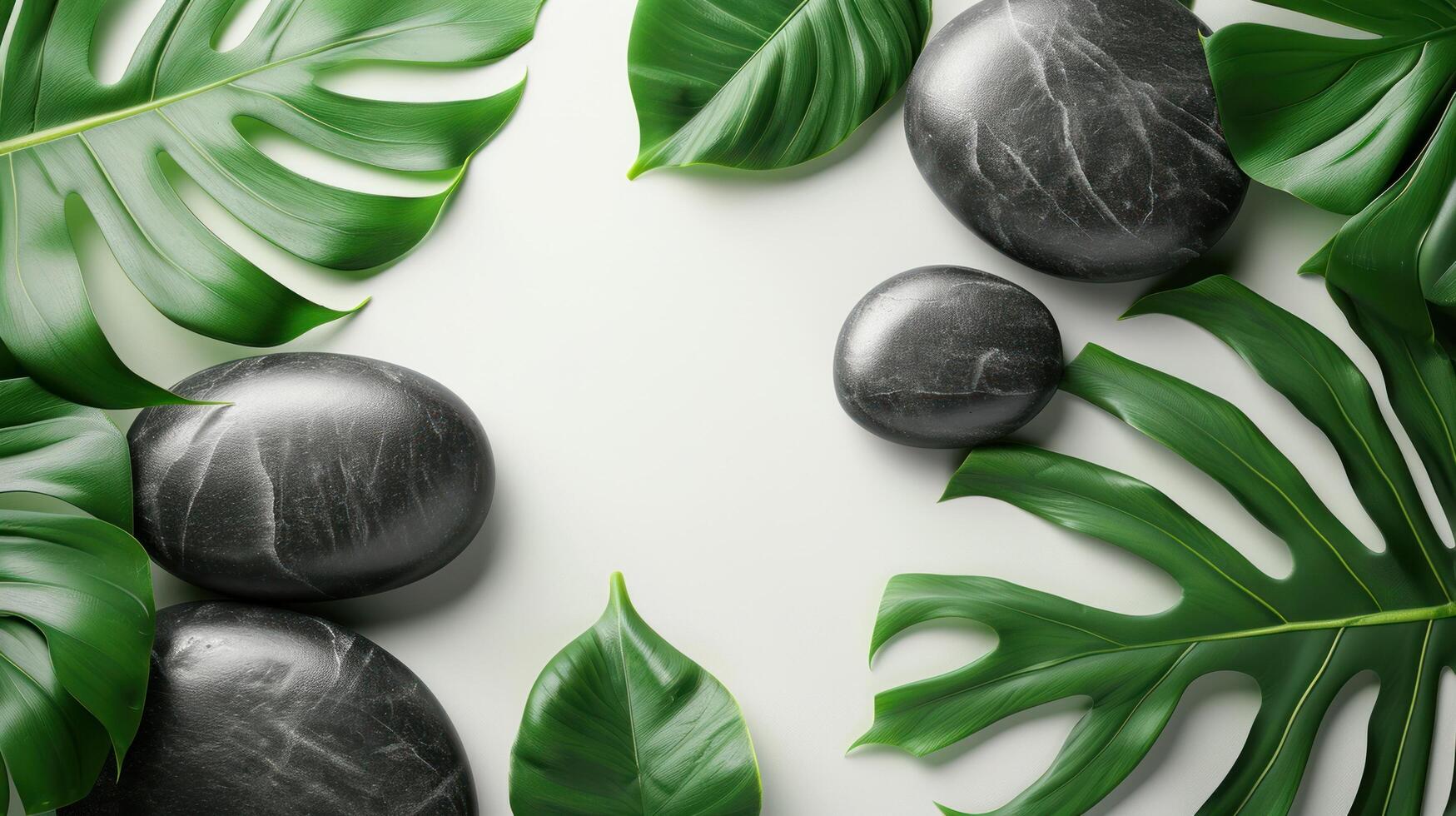 AI generated massage leaves and black stones on a white background photo