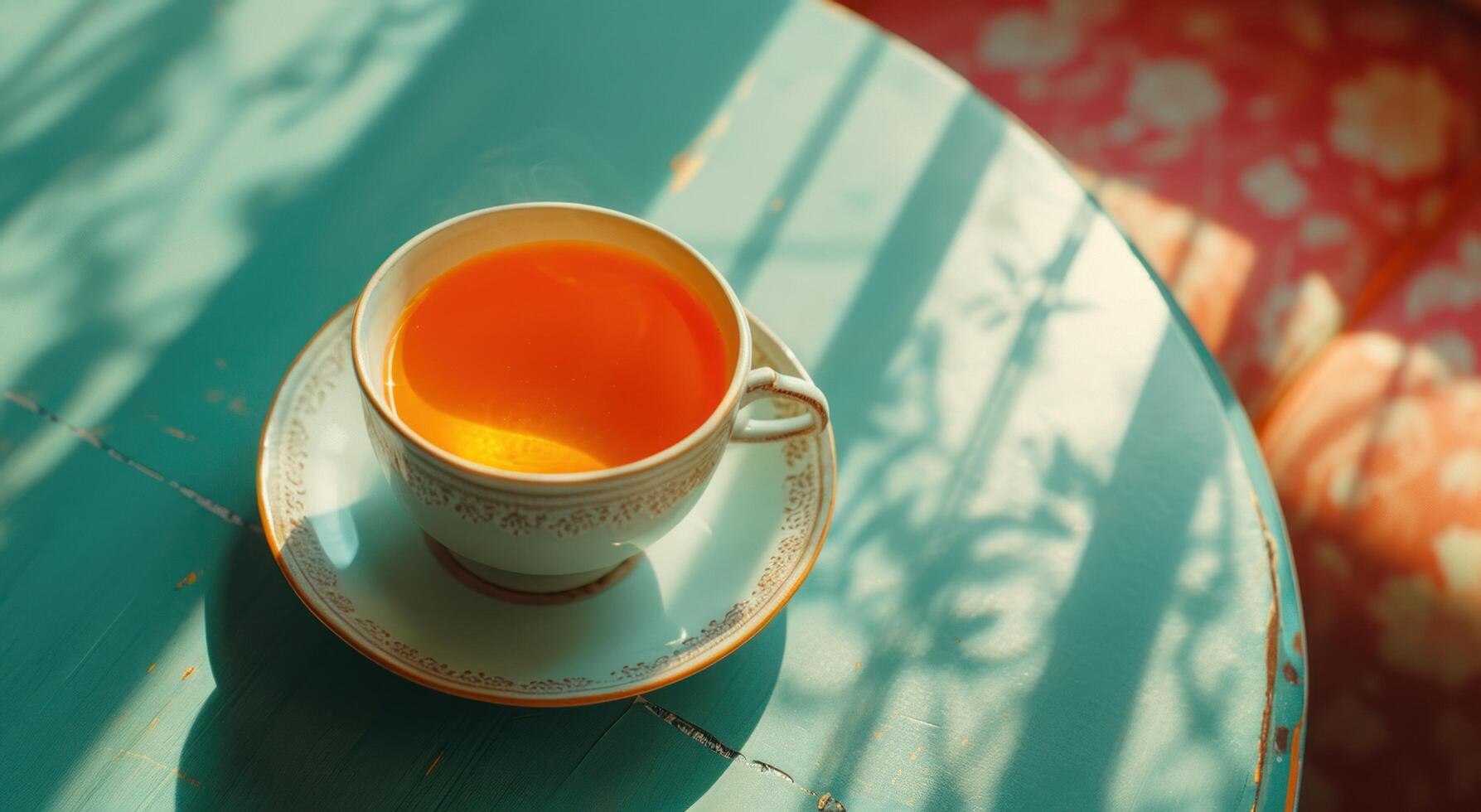 ai generado un maceta de naranja té sentado en un verde mesa foto