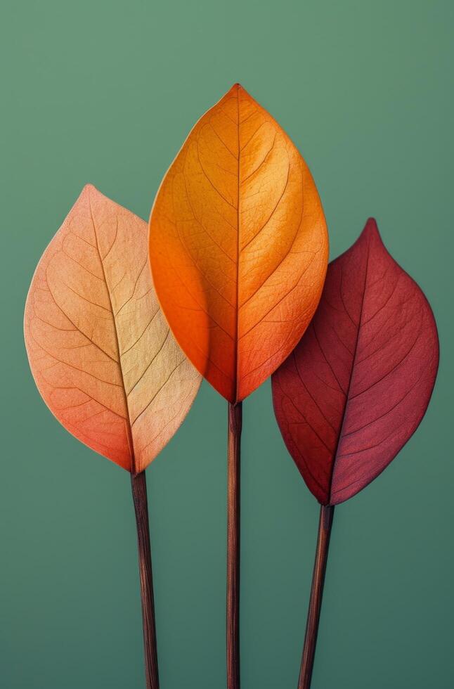 AI generated three wooden leaves are in front of a green background photo