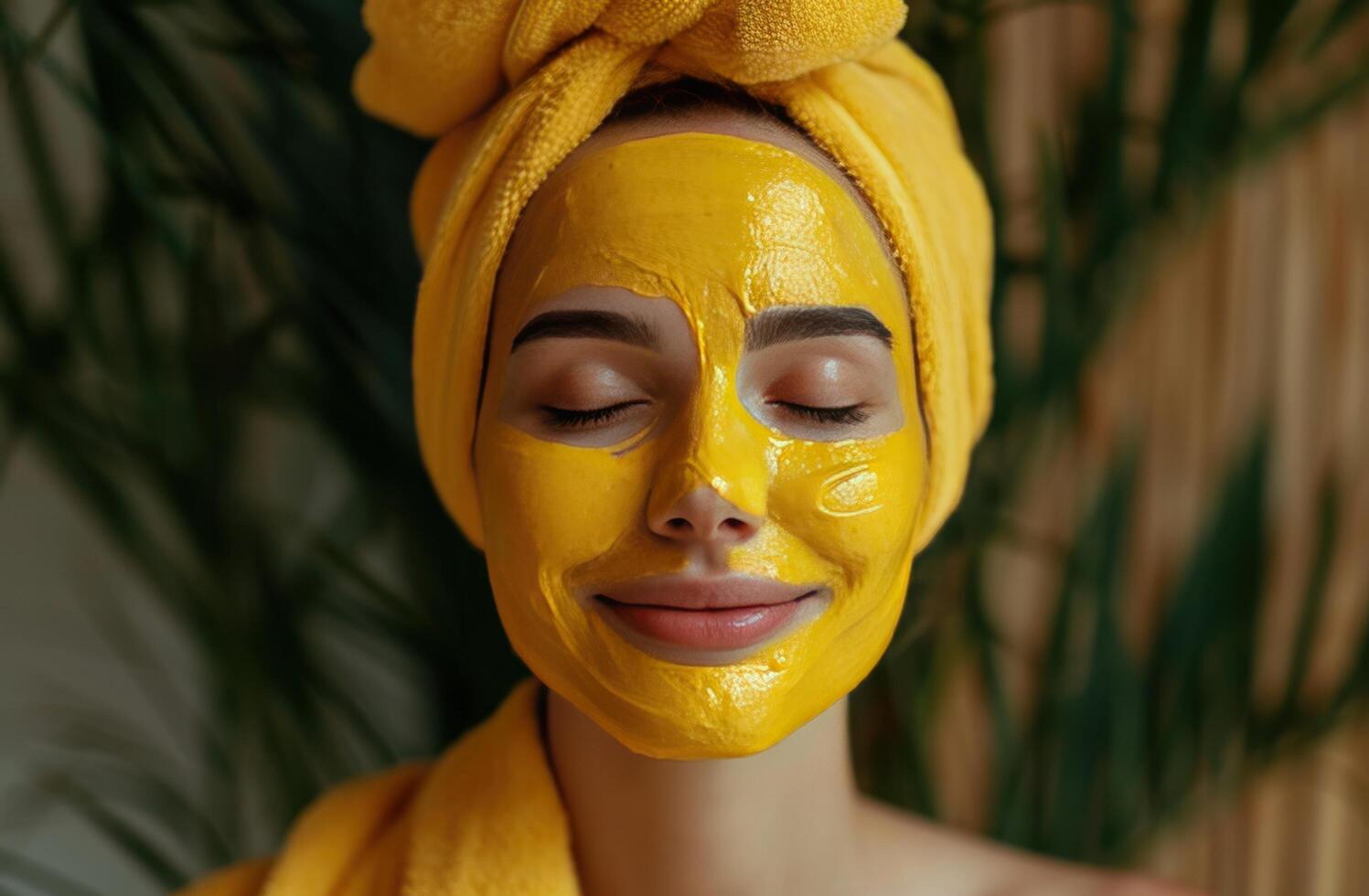 AI generated beautiful woman wearing honey mask in the morning with white facial skin photo