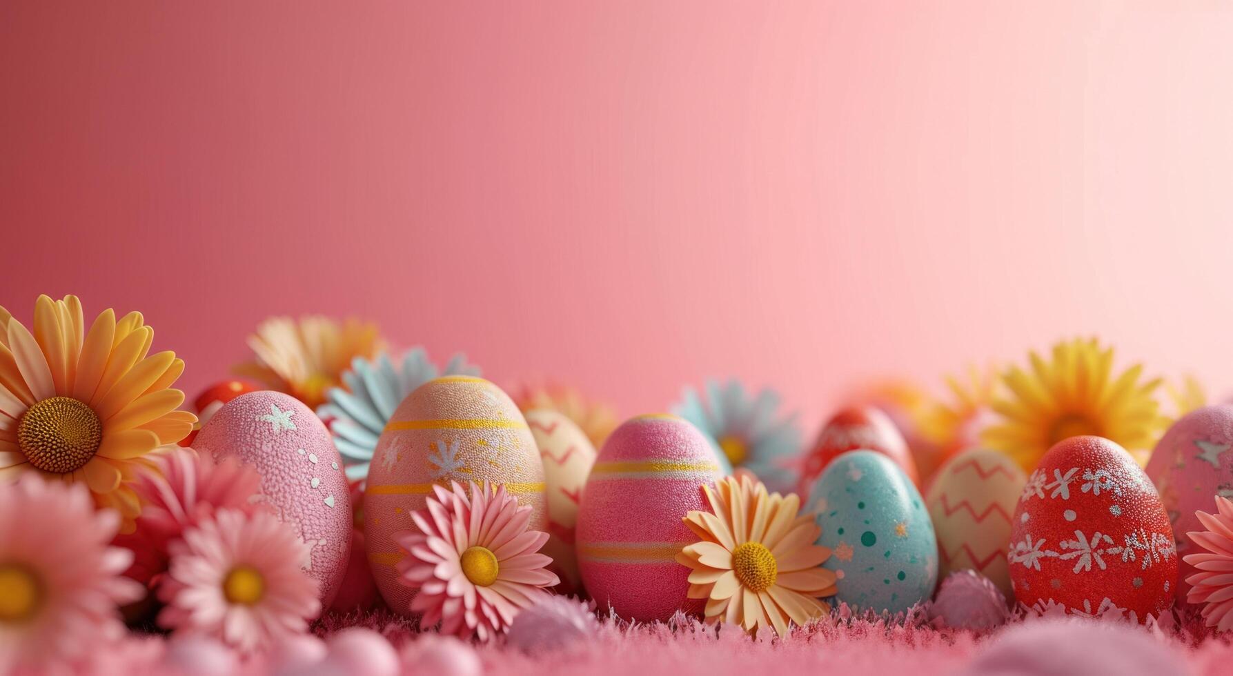 ai generado un frontera lleno de Pascua de Resurrección huevos, flores foto