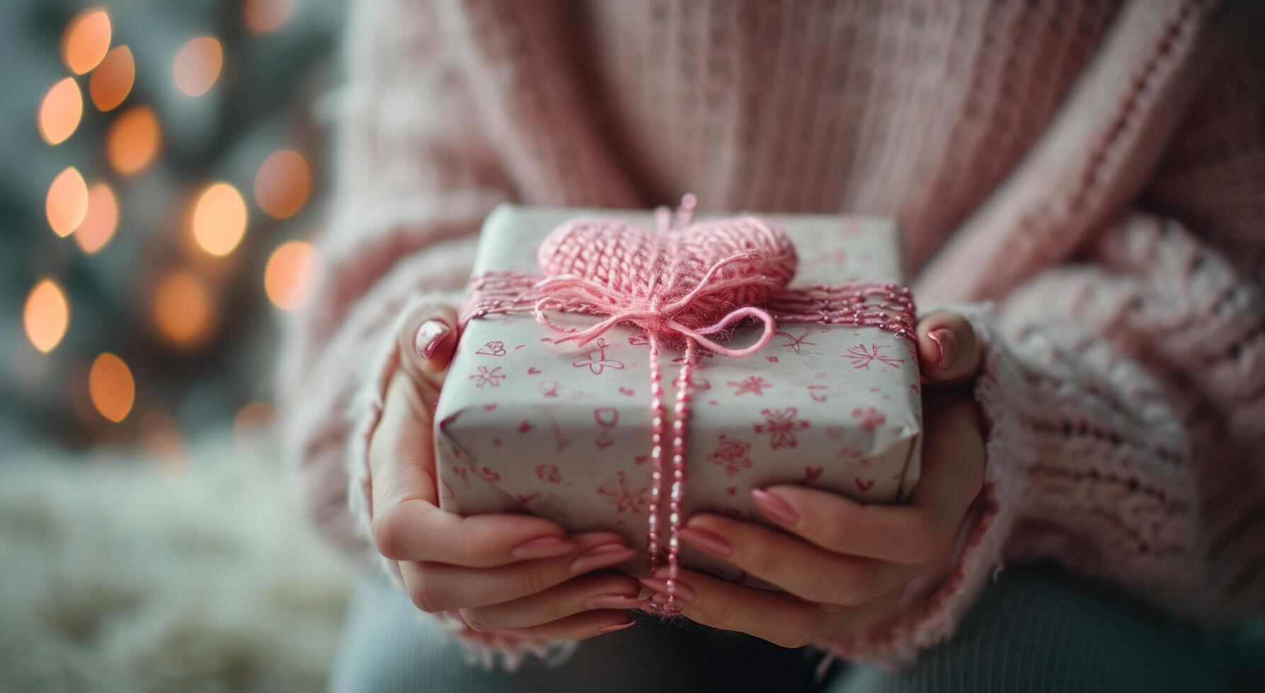 AI generated person wrapping valentine's birthday gift in paper and string photo