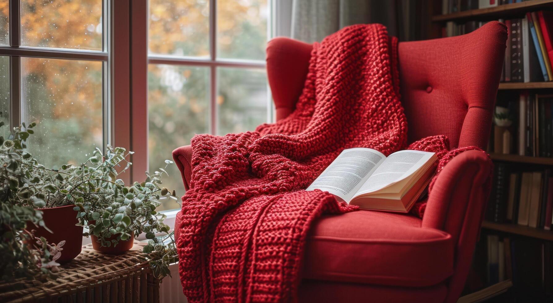 AI generated chair with red blanket and book photo