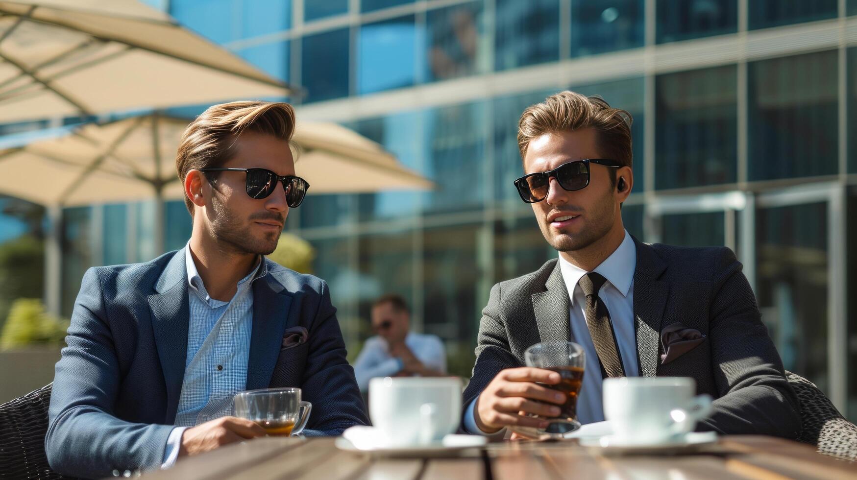 AI generated Two young handsome businessmen drinking coffee at a meeting against the backdrop of a modern  business center photo