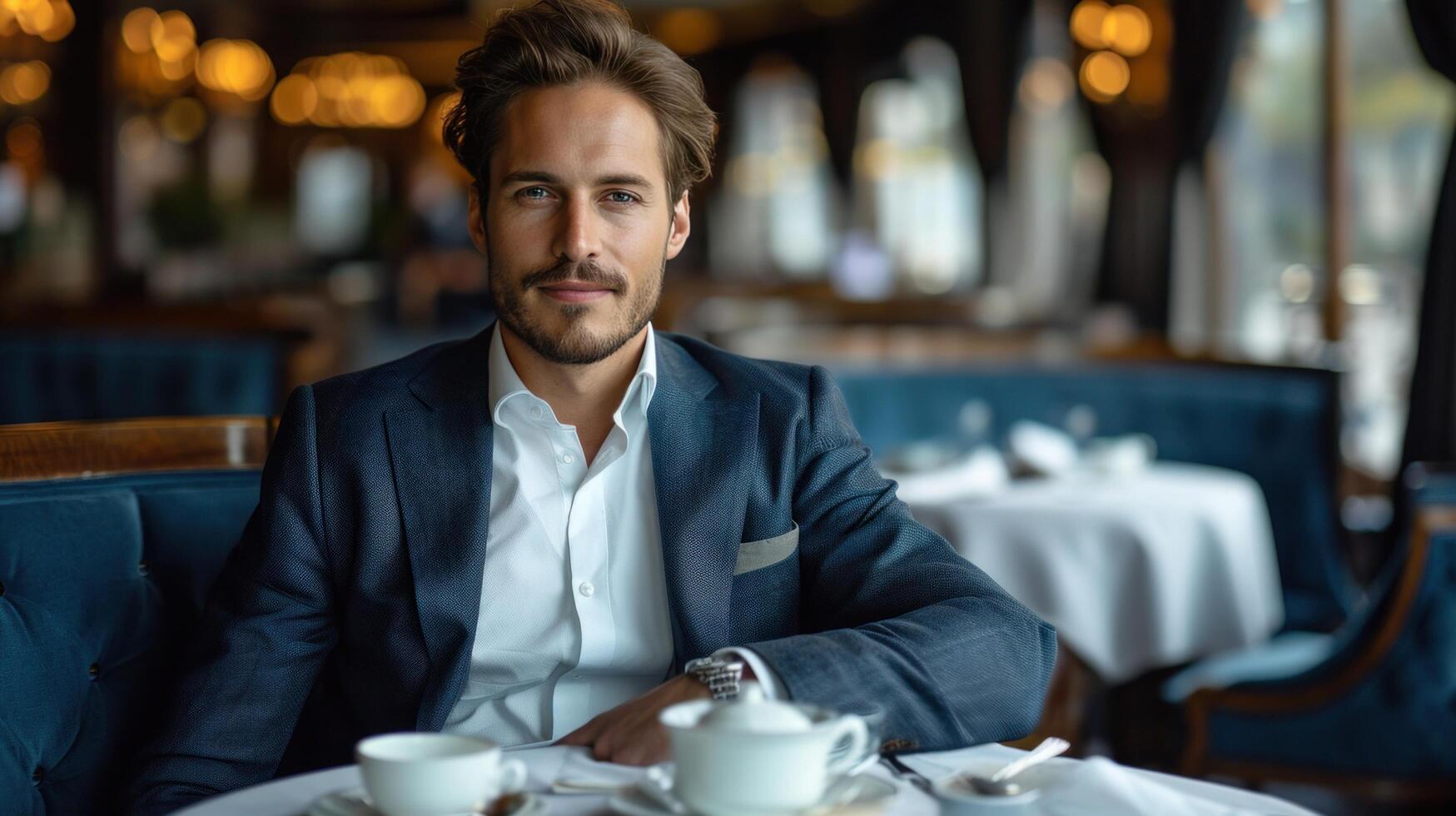 AI generated elegant business man sitting in luxury restaurant with glass of shampagne photo