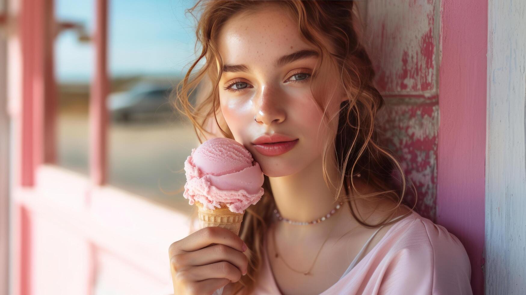 ai generado el hermosa niña tiene un grande rosado hielo crema foto