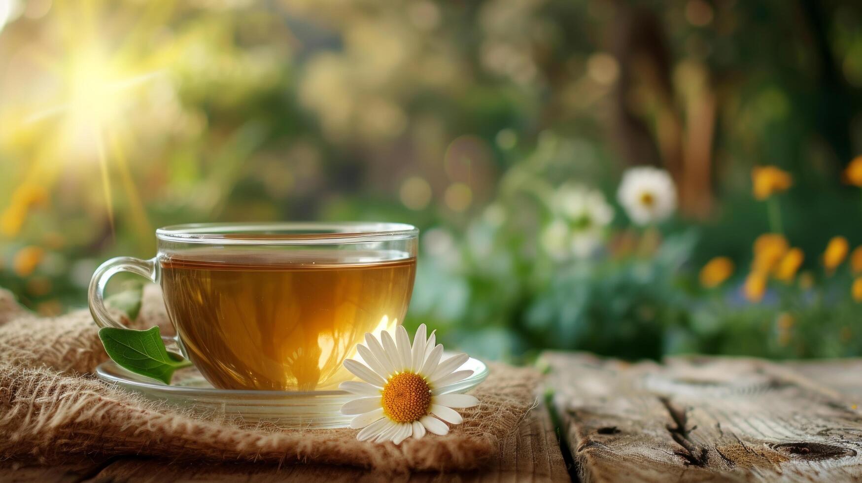 AI generated a cup of green tea next to chamomile flower on a wooden table. blurred background of summer garden from behind photo