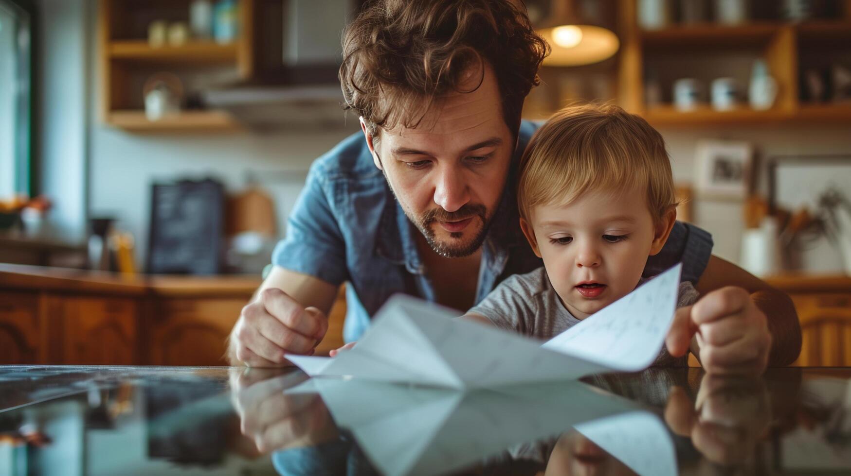AI generated Dad and little son swearing at a paper boat photo