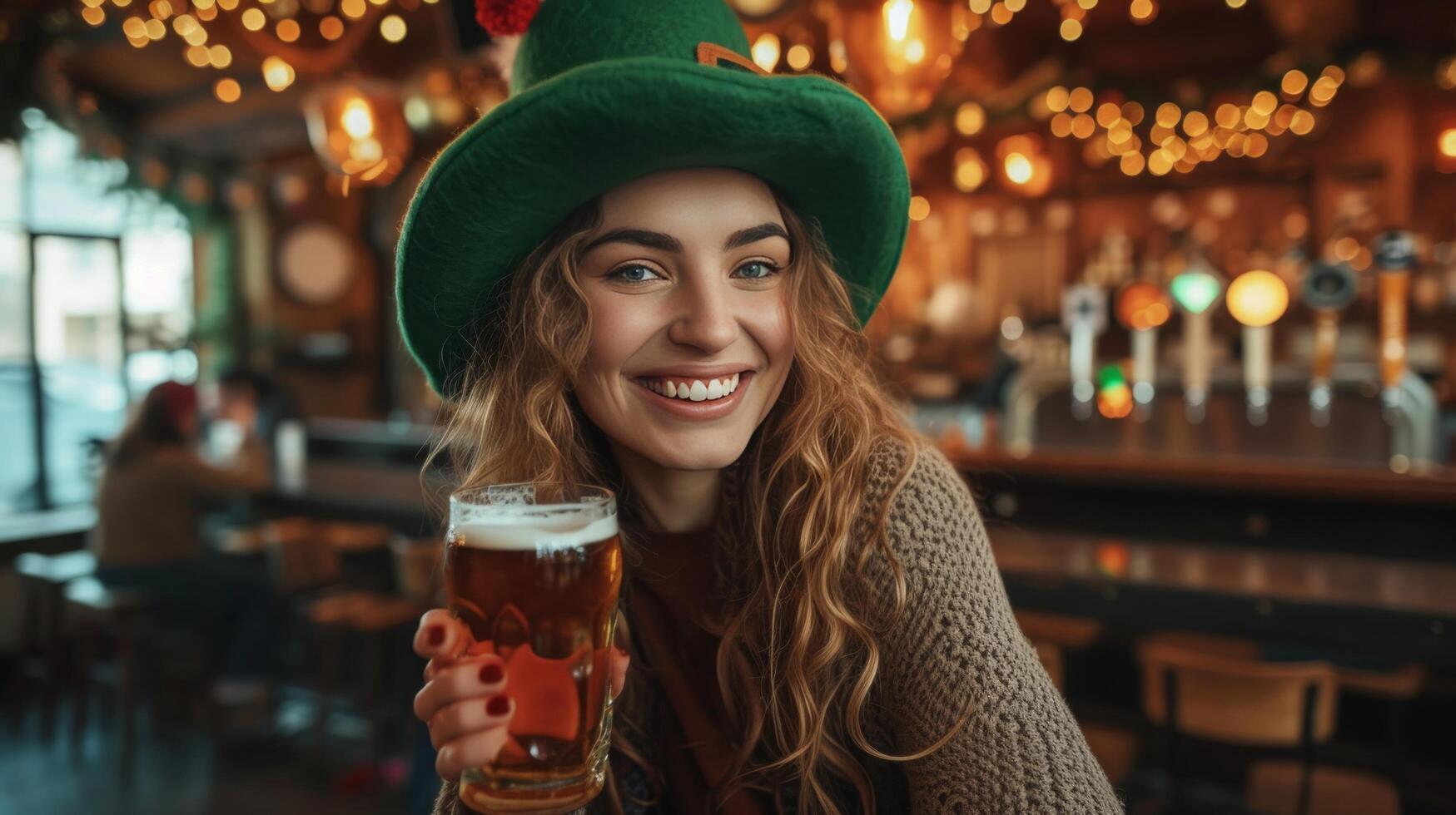 AI generated Young cheerful woman in a big green leprechaun hat drinks beer in an Irish pub photo