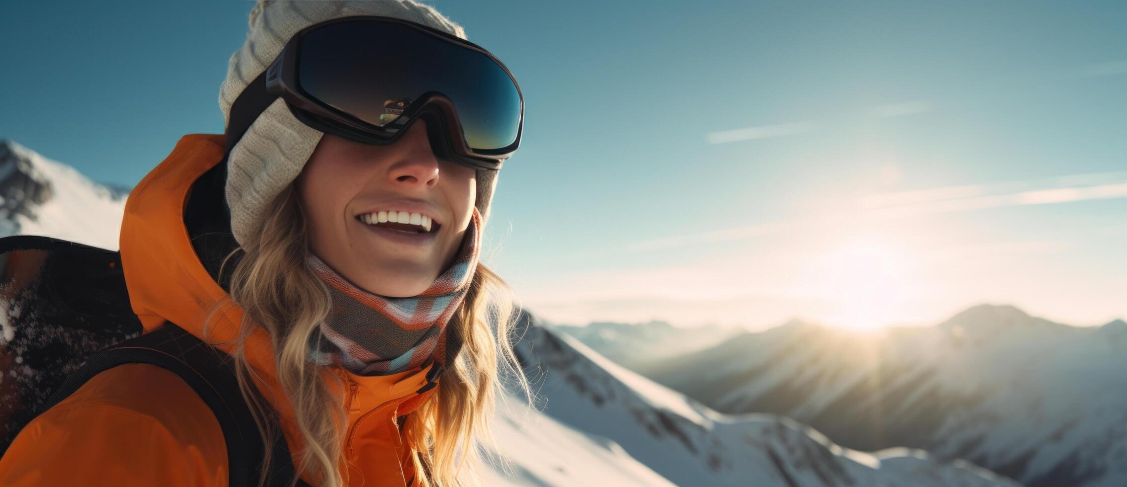 AI generated girl in winter snowboarding clothes rides on the slope with a smile photo