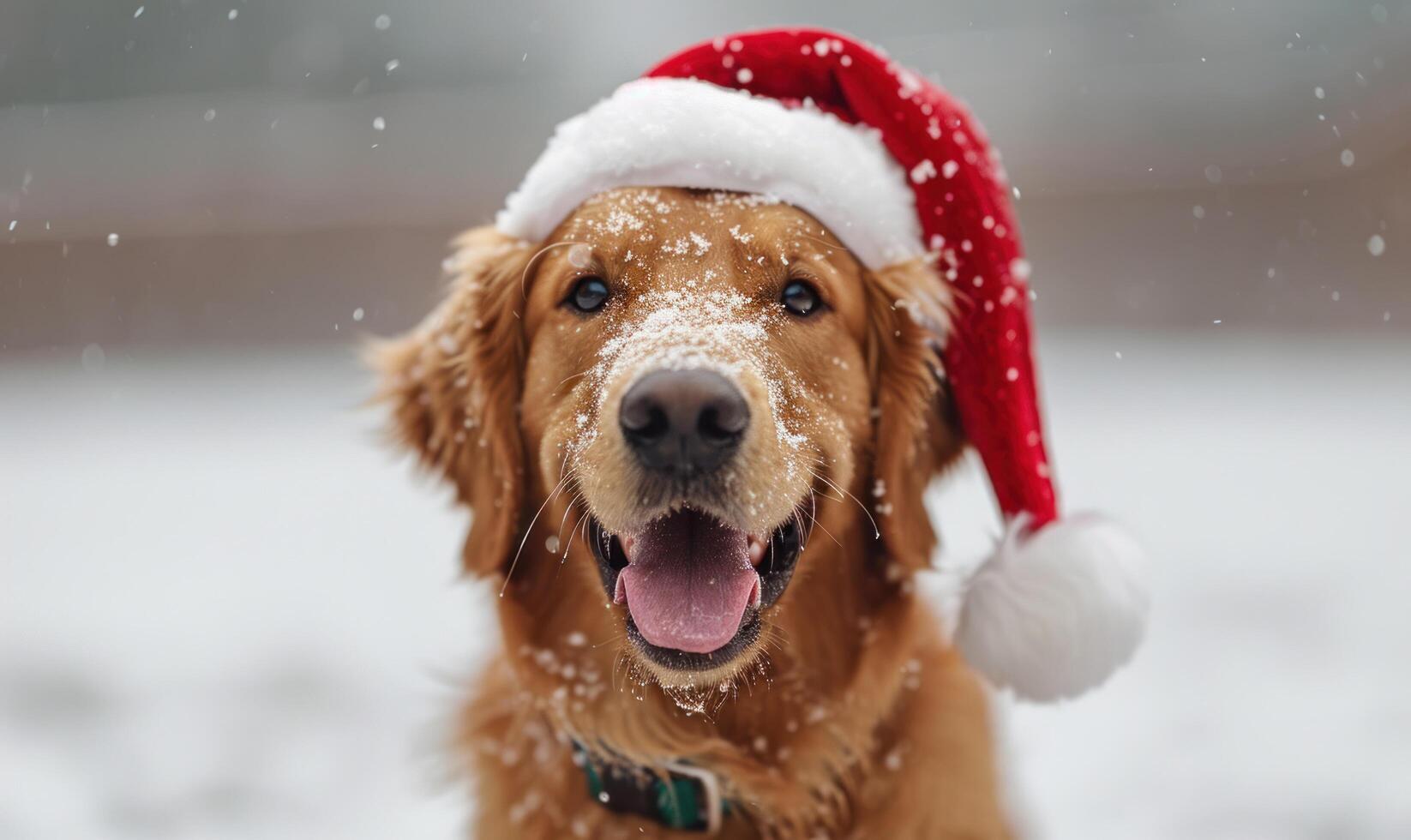 AI generated golden retriever on snow in santa hat photo