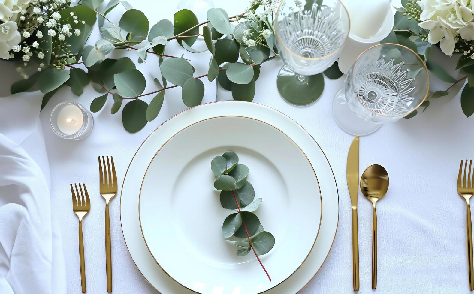 AI generated a dining table with place setting and eucalyptus tree leaf photo