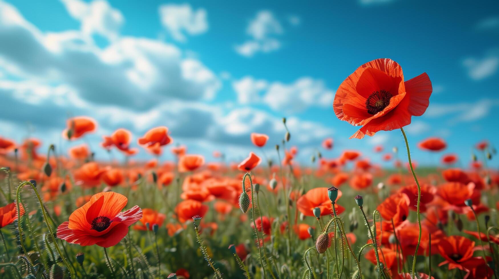 AI generated Beautiful natural background with poppy flower field and blue sky large copyspace area with copy space for text photo