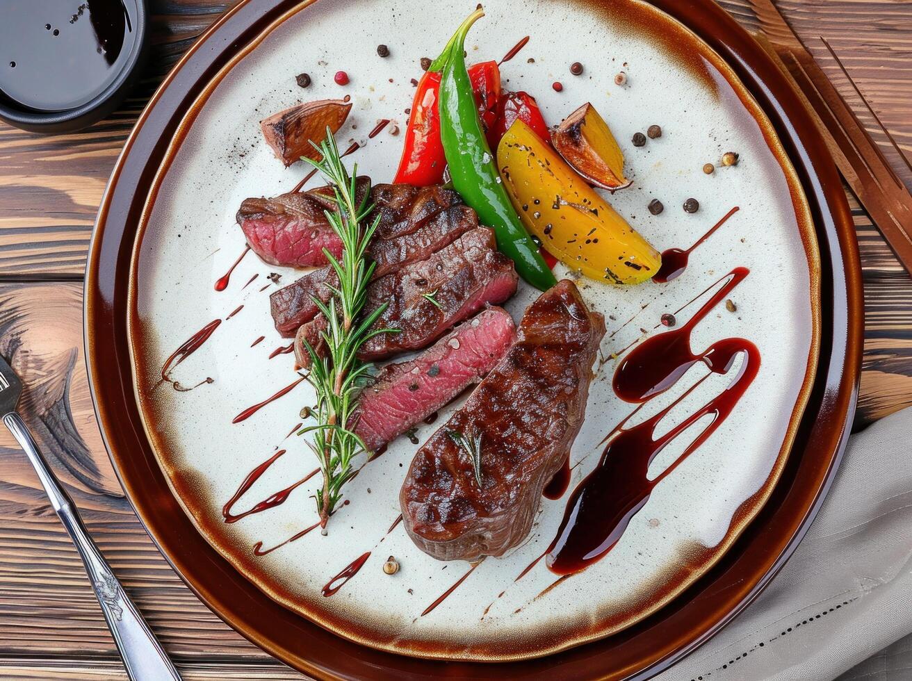 AI generated a steak in a plate with vegetables, cutlery, and sauce photo