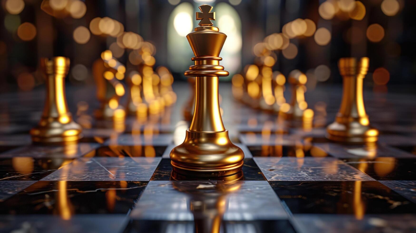 AI generated golden chess pieces on a black tiled photo